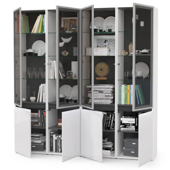 Набор шкафов со стеклом Сидней № 18 цвет белый/чёрный/фасады МДФ белый глянец