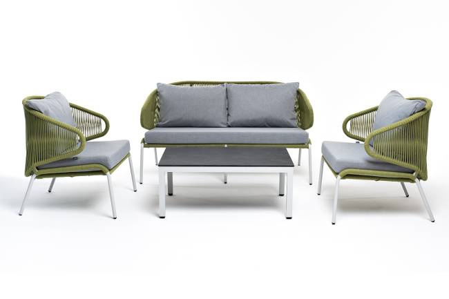 "Милан" лаунж-зона 4-местная плетеная из роупа (веревки), каркас алюминиевый светло-серый, роуп салатовый меланж "Милан" лаунж-зона 4-местная плетеная из роупа (веревки), каркас алюминиевый светло-серый, роуп салатовый меланж