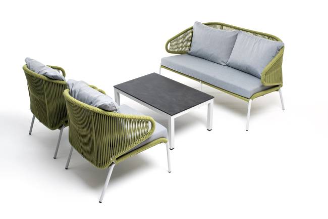 "Милан" лаунж-зона 4-местная плетеная из роупа (веревки), каркас алюминиевый светло-серый, роуп салатовый меланж "Милан" лаунж-зона 4-местная плетеная из роупа (веревки), каркас алюминиевый светло-серый, роуп салатовый меланж
