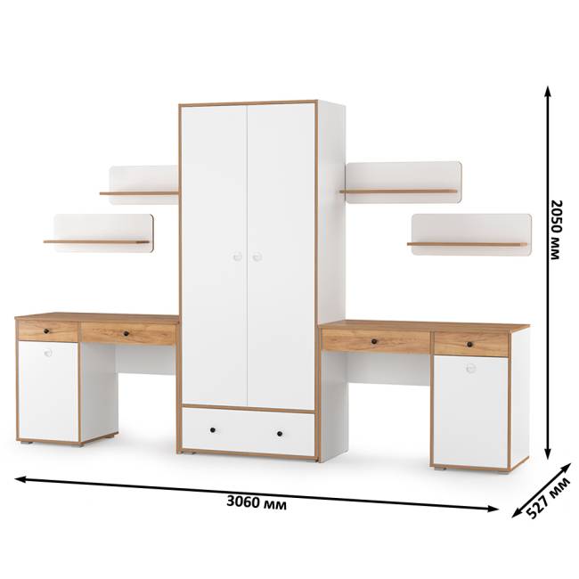 Мебель в детскую Вуди компоновка № 27 цвет белый премиум/дуб крафт золотой