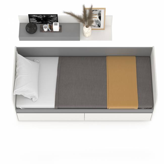 Детская кровать с ящиками Торонто с открытой полкой цвет белый шагрень/стальной серый