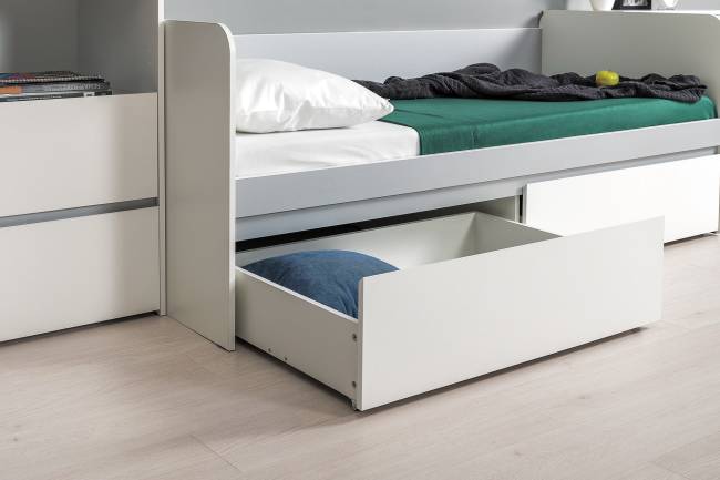 Детская кровать с ящиками Торонто с открытой полкой цвет белый шагрень/стальной серый