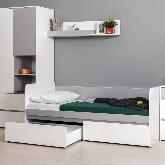 Детская кровать с ящиками Торонто с открытой полкой цвет белый шагрень/стальной серый