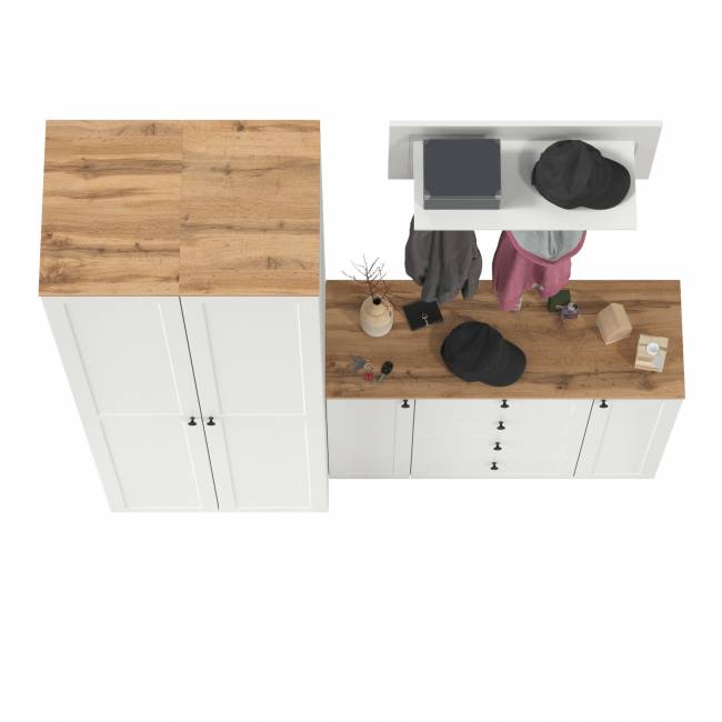 Большой комод две дверки четыре ящика с вешалкой с полкой и два шкаф-пенала Остин цвет белый шагрень/дуб крафт золотой