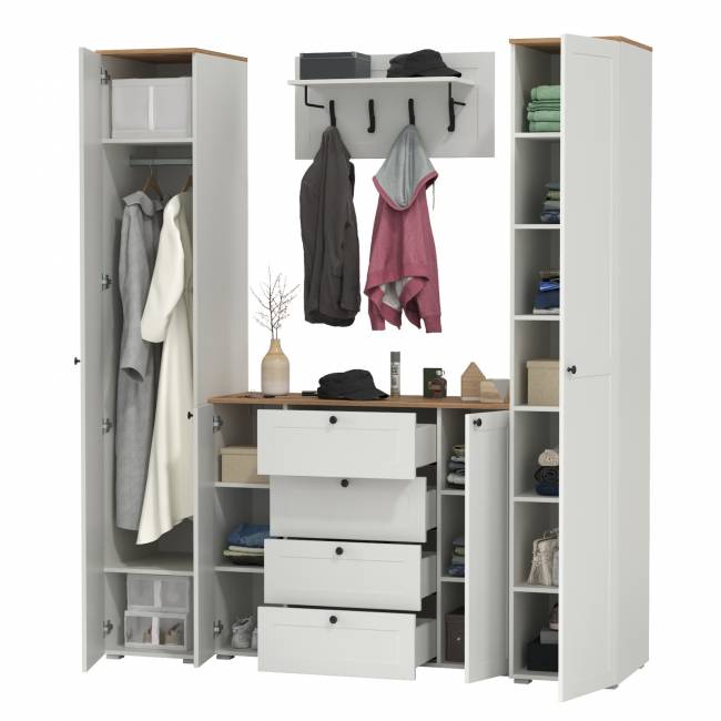 Большой комод две дверки четыре ящика с вешалкой с полкой и два шкаф-пенала Остин цвет белый шагрень/дуб крафт золотой