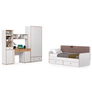 Детская кровать с ящиками и уголок школьника Вуди № 36 цвет белый премиум/дуб крафт золотой/саванна латте