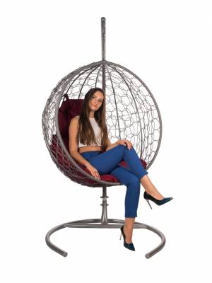 Подвесное кресло из ротанга "Kokos Gray" бордовая подушка