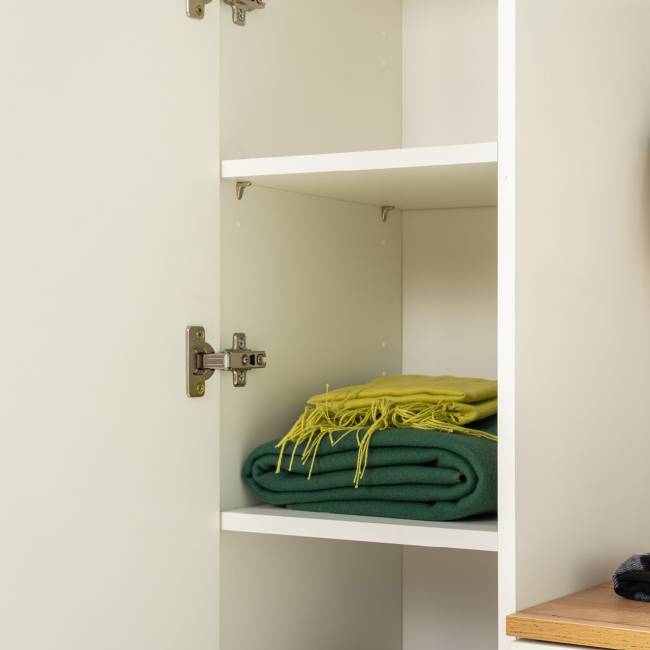 Обувница с пеналом для одежды и двумя вешалками Октава цвет белый шагрень/серый графит/дуб крафт золотой