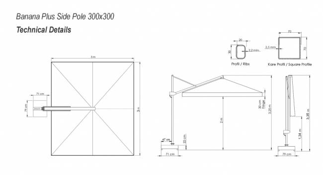 Зонт профессиональный 3х3 м Banana Plus серебристый, бирюзовый 3000х3000 мм