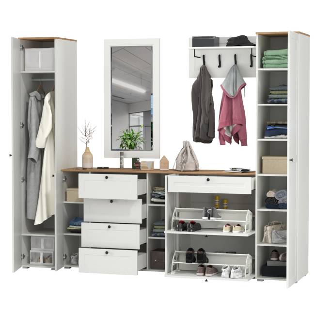 Стенка в прихожую Остин № 58 цвет белый шагрень/дуб крафт золотой