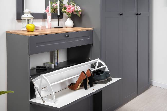 Стенка в прихожую Остин № 58 цвет серый графит/дуб крафт золотой