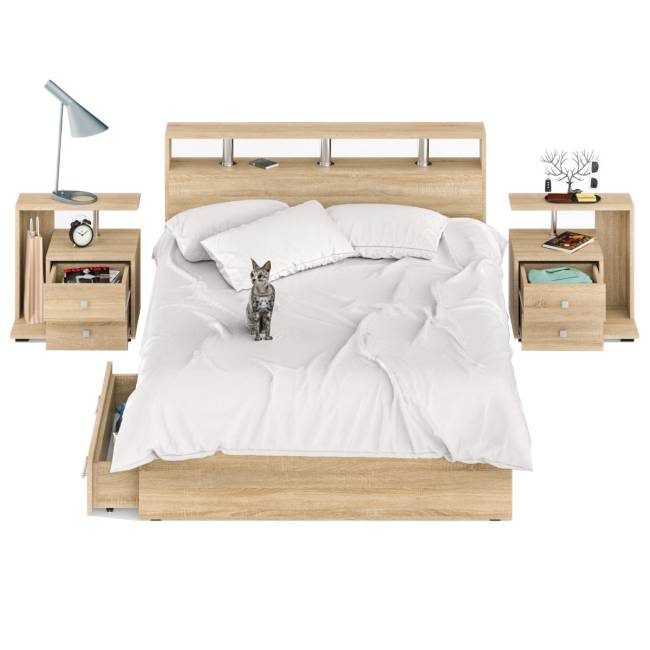 Кровать с ящиками 1400 Камелия + две тумбы цвет дуб сонома