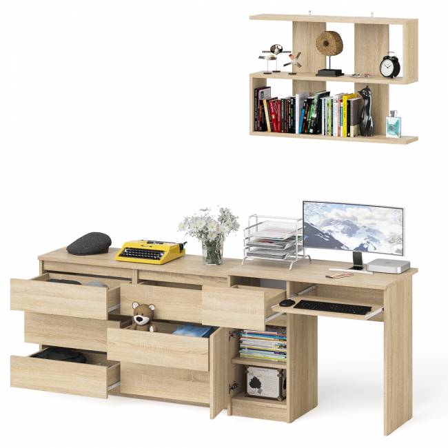 Большой комод на 6-ть ящиков Мори с компьютерным столом МС-1 левый и полка открытая на 900 цвет дуб сонома